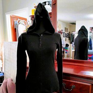 Black Long Sleeve Cardigan with Button Down V-Neck and Hoodie